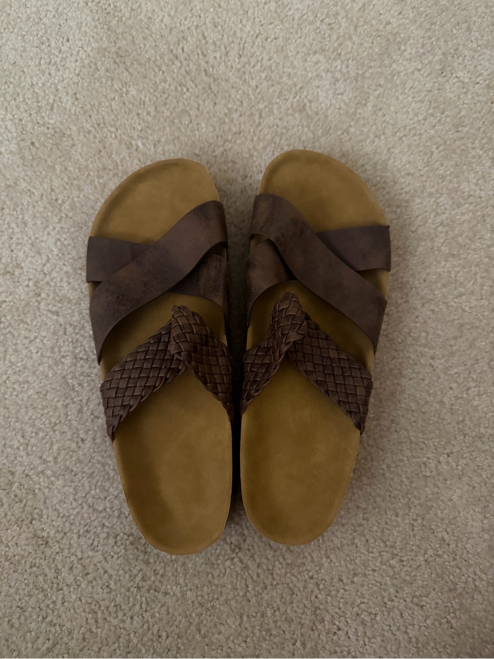 Brown Woven Strap Slide Sandals